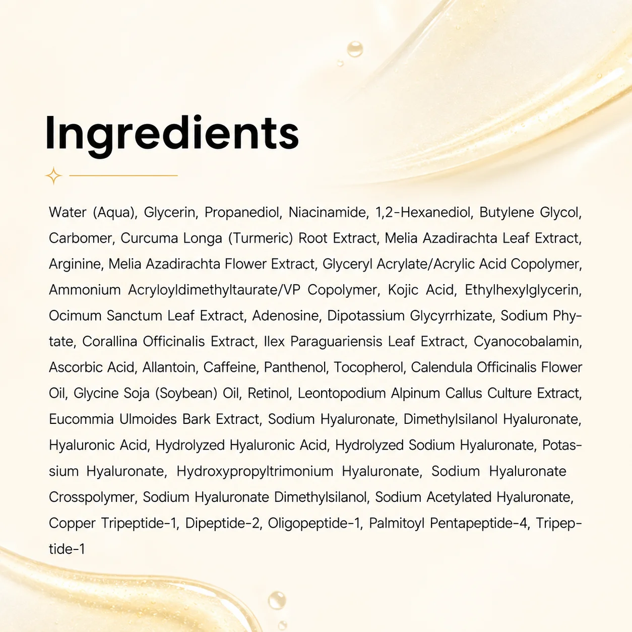 A detailed list of skincare product ingredients including natural extracts, peptides, and other chemical components, presented on a stylish background.